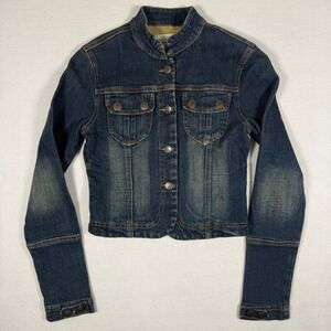 Glamz Jeans Womens Dark Wash Cropped Denim Jacket Mock Neck Y2K Blue Small